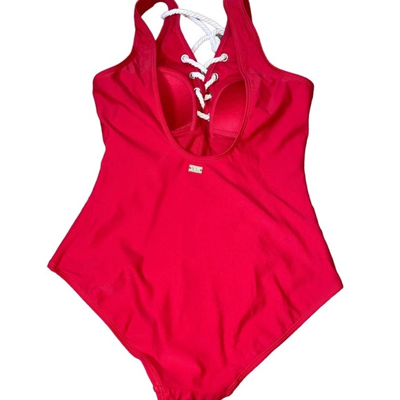 Jones New York swimsuit one piece red nautical rope tie front SZ SM baywatch - Picture 3 of 7